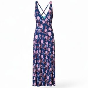Plus Size 1X Navy Floral Maxi Dress | Crisscross Back | Boho Romantic Summer Wed